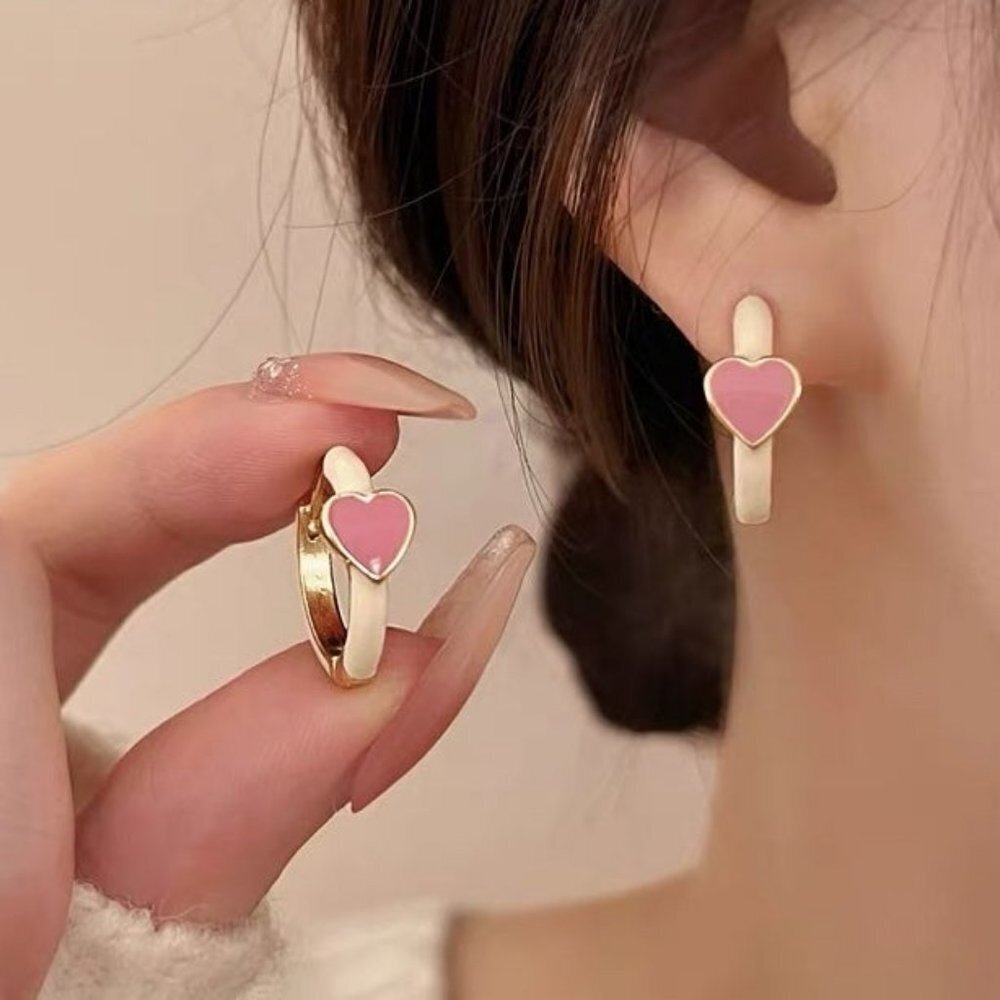 Sweet Red Enamel Love Heart Hoop Earrings